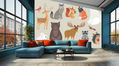 Christmas set, hand drawn style - forest animals. \ Wall mural